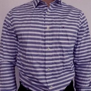 Tommy Hilfiger White & Gray Custom Fit Dress Shirt